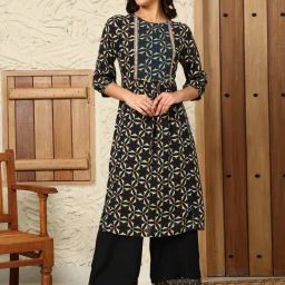 W Black Printed A Line Kurta-image-31