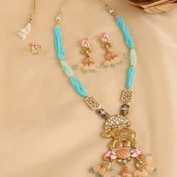 Zaveri Pearls Multicolor Meenakari Elephant Design Crystals Long Necklace Earring Ring Set-ZPFK17137-16