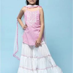BIBA Girls Pink & White Embroidered Kurta, Sharara with Dupatta-image-1