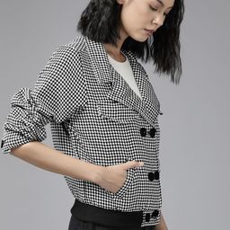 Roadster Women White & Black Self-Design Bomber Jacket-picture-25