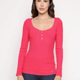 Guess Pink Ribbed Round Neck Karlee Top-image-58