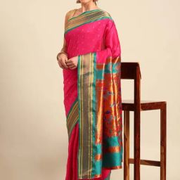 Varkala Silk Sarees Hot Pink & Rama Woven Saree With Unstitched Blouse-picture-27