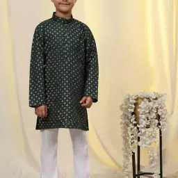 Pro-Ethic Style Developer Boys Dark Green Cotton Printed Full Sleeves Self Design Kurta Sets-image-19