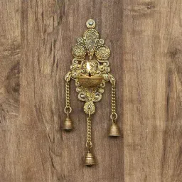 eCraftIndia Antique Finish Decorative Handcrafted Brass Wall Hanging Diya with Bells-image-36