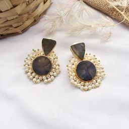 Teejh Preeti Olive Green Stone & Pearl Dangler Earrings-picture-2