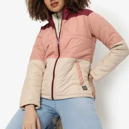 Campus Sutra Peach & Beige Color-Block Padded Jacket-image-75