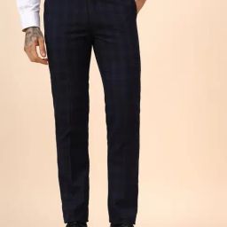 Cantabil Navy Blue Regular Fit Checks Trousers-image-60