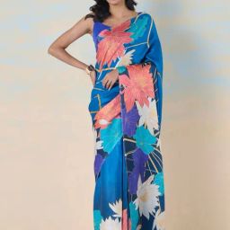 navyasa by liva Blue & White Floral Print Saree With Unstitched Blouse-image-83