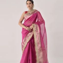 Sutra Attire Rose Pink Ranisa Edit Banarasi Handwoven Tissue Saree with Heavy Lace Work-image-93