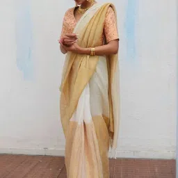 Chidiyaa White Gold Onam Lalitha Handwoven Linen Zari Saree image 2
