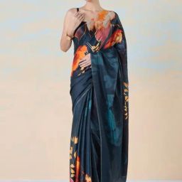 navyasa by liva Navy & Orange Floral Print Saree With Unstitched Blouse-image-46