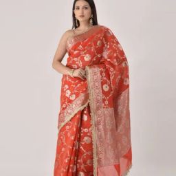 Sutra Attire Rose Red Floral Ranisa Edit Banarasi Georgette Saree with Designer lace-picture-29