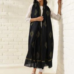 Fabindia Black Cotton Embroidered Dupatta-image-99