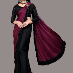 APNISHA Purple & Black Plain Saree With Unstitched Blouse-image-74