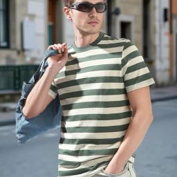 High Star Green Cotton Regular Fit Striped T-Shirt-image-22