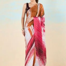 navyasa by liva Red & Orange Printed Saree With Unstitched Blouse-image-33