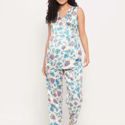 Clovia White Satin Regular Fit Floral Print Top & Pyjama Set-image-45