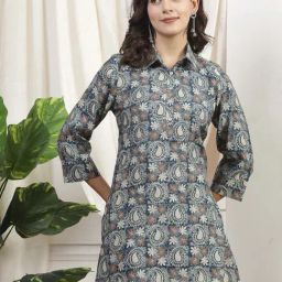 Nayam By Lakshita Teal Regular Fit Printed Kurtis-image-0