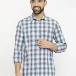 Basics Blue Cotton Slim Fit Checks Shirt-image-70