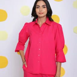KAORI BY SHREYA AGARWAL Pink Linen Solid Three-Quarter Sleeves Shirt-image-20
