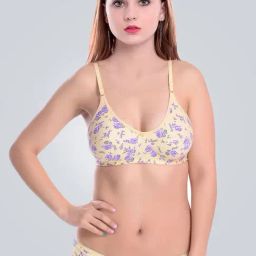 AROUSY Yellow Cotton Printed Bra Panty Set-image-38