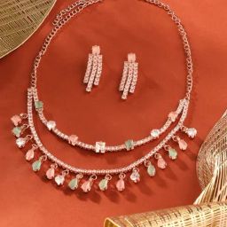 Zaveri Pearls Pink & Mint Green Dazzling Danglers Layered Necklace & Earring Set-ZPFK17201-17