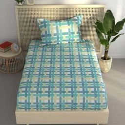BIANCA Estonia Teal & Lime Cotton 116 TC 115 GSM Single Size Bedsheet With Pillow Cover-image-88