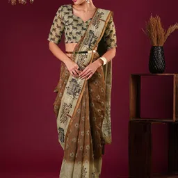 Anouk Floral Mirror Work Linen Blend Bagru Saree-48