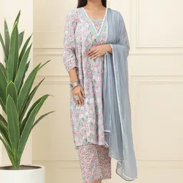 BAESD Floral Printed Lace Work V-Neck Pure Cotton A-Line Kurta With Trouser & Dupatta-image-36