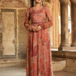 SCAKHI Brown Organza Floral Print Embellished Anarkali Gown With Belt-image-36