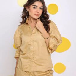 KAORI BY SHREYA AGARWAL Beige Cotton Solid Three-Quarter Sleeves Shirt-image-22