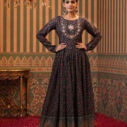 Scakhi Black Muslin Silk Printed Anarkali Dress with Printed Belt-image-20