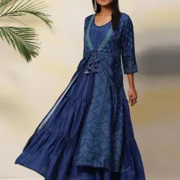 Biba Blue Straight Fit Printed Kurti With Jacket-picture-44