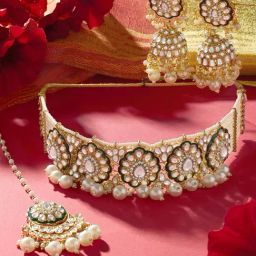 Zaveri Pearls Green Meenakari Multistrand Kundan Choker Necklace Earring & Maangtikka Set-ZPFK17190-image-87