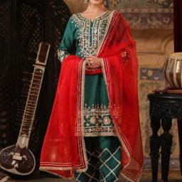 Scakhi Dark Green & Red Dupion Silk Gota Dori Work Anarkali Kurta with Salwar and Dupatta-image-2