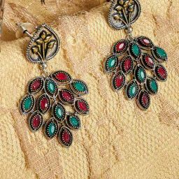 Panash Silver Plated & Red Oxidized Leaf Shaped Drop Earrings-9