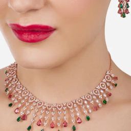Zaveri Pearls Pink Green Dazzling Cubic Zirconia Embellished Brass Necklace & Earring Set-ZPFK17236-image-45