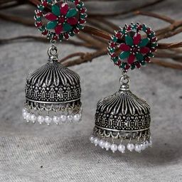 Panash Silver Toned & Green Dome Shaped Jhumki Earrings-image-55