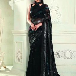 Satrani Black Embroidered Saree With Unstitched Blouse-image-36