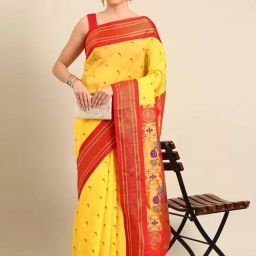 Varkala Silk Sarees Yellow & Red Woven Saree With Unstitched Blouse-image-82