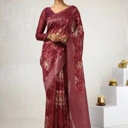 Soch Maroon Woven Saree With Unstitched Blouse-image-36