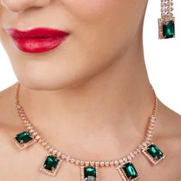 Zaveri Pearls Green Statement Stones Dazzling Diamonds Embellished Necklace & Earring Set-ZPFK17199-29