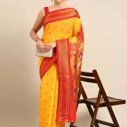 Varkala Silk Sarees Yellow & Red Woven Saree With Unstitched Blouse-image-52