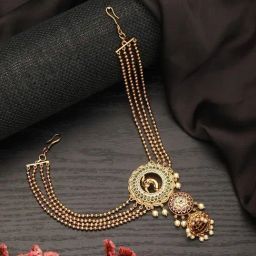 Saraf RS Jewellery Gold Kemp Studded Pearl Beaded Peacock Bridal 3 Layer Chain Hair Brooch-image-24