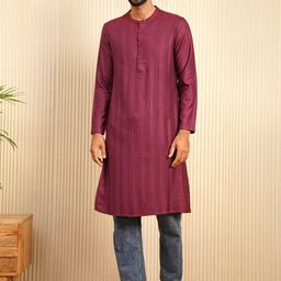 JAYPORE Striped Band Collar Straight Kurta-image-59