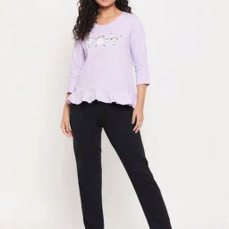 Clovia Purple Cotton Printed Top With Pyjamas-picture-23