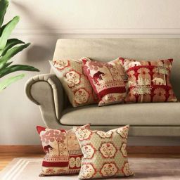 India Circus by Krsnaa Mehta Maroon Poly Satin Ancient Haathi Cushion Covers - Set of 5-47