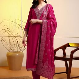 Moda Rapido Women Ethnic Motifs Embroidered Regular Thread Work Kurta with Trousers & With Dupatta-image-19