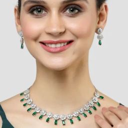 Karatcart Silver Tone Floral Design Green Cubic Zirconia Studded Necklace Set-picture-48