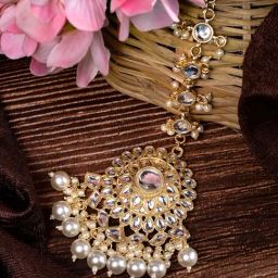 Saraf RS Jewellery Gold Kundan & Pearl Beaded Modern Solar Maang Tikka-14